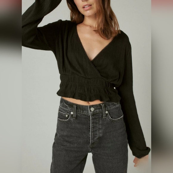 Lucky Brand Pointelle-Trim Surplice Top Jet Black XL New - Picture 7 of 10